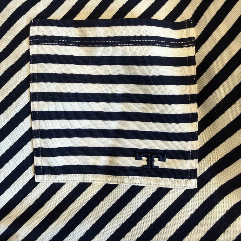 Tory Burch Striped T-Shirt Dress Navy Cream Nautical Pocket Shift Womens Medium